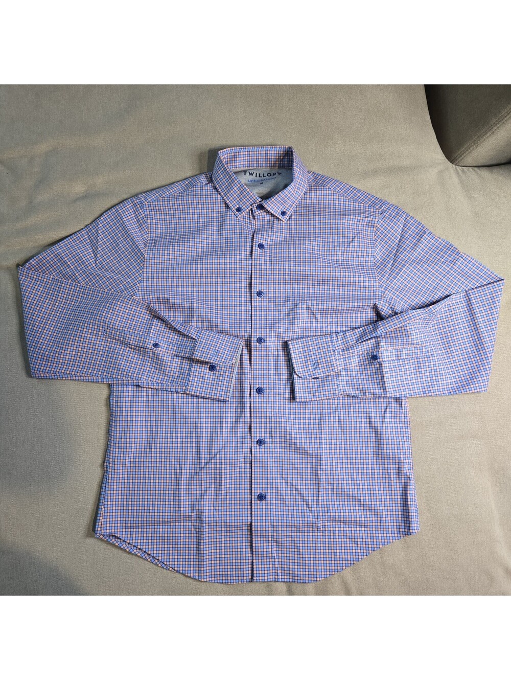 TWILLORY Untuckable Shirt Men's Medium Long Sleeve Flip Cuff Gingham Button Down